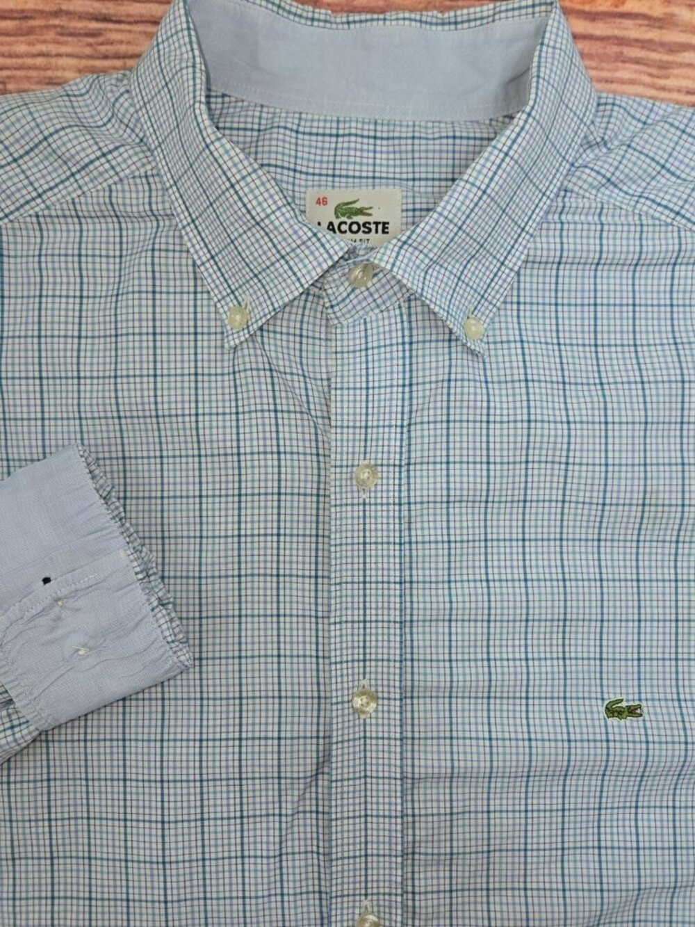 Lacoste Mens Slim Fit Blue Plaid Button-Down Shirt Size 46